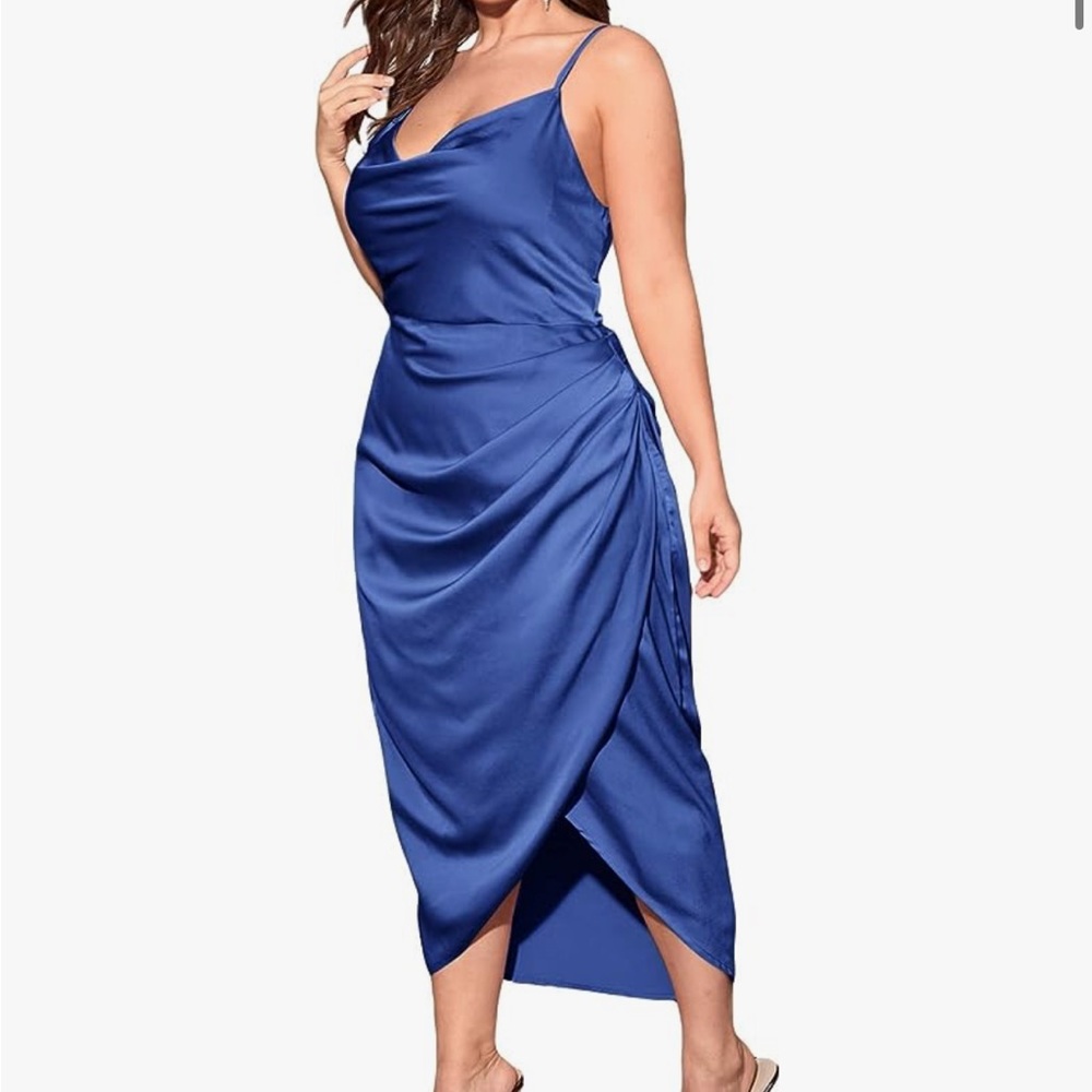 Satin Cowl Neck Midi Dress in Blue